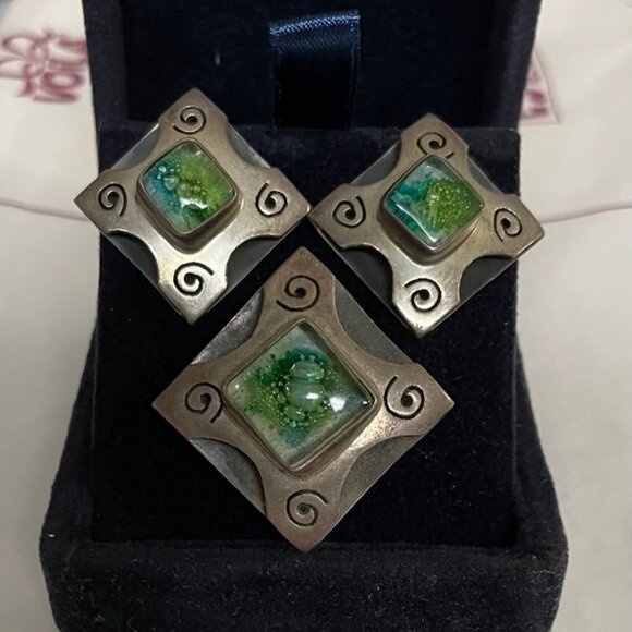 Jewelry - Vintage 925 Silver Pendant/Earring Set with Blue-Green Glass